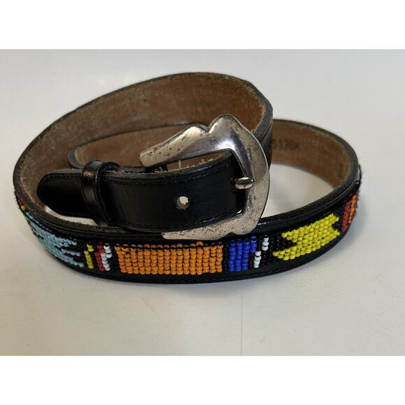 Justin Boots Accessories - Justin Black Leather Beaded Belt Size 30 Southwestern Native Cowhide Made In USA